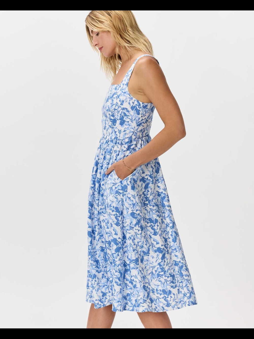 Quince Blue Floral Midi Dress - Sleeveless Summer Dress